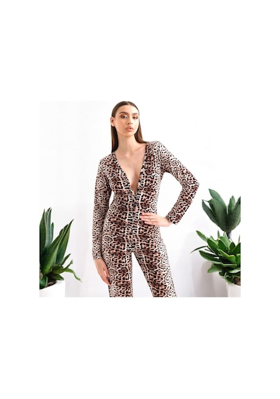 Kadın Giyim Kahve Leopar Desen Düğmeli Tulum - Pamuklu Örme Ev Giyim - Pijama Kahve Leopar Çok Renkli