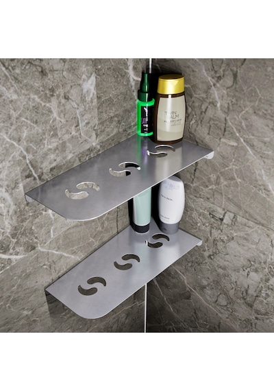 Paslanmaz Çelik 2 Katlı Köşe Banyo Rafı Sedir Model 30,3x15,3 Cm - Yapıştırmalı & Vidalı Montaj Gri