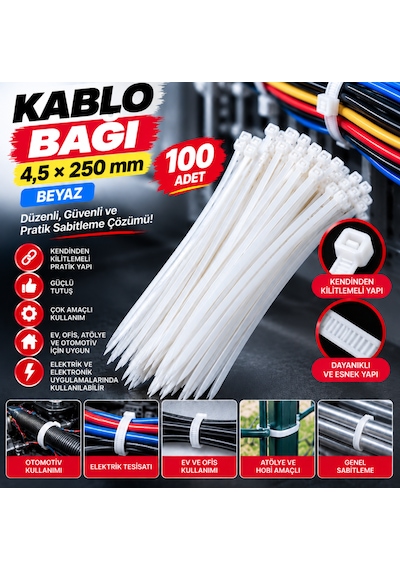 Tork Beyaz Kablo Bağı 4,5x250 Mm 100 Adet Plastik Kelepçe Cırt Kablo Toplayıcı 100 BEYAZ