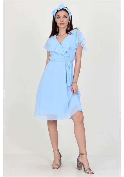 Neşeli Butik Kadın Bebe Mavisi Kruvaze Yaka Bağlama Detaylı Yeni Sezon Şifon Elbise Nb8081 Bebe Mavisi