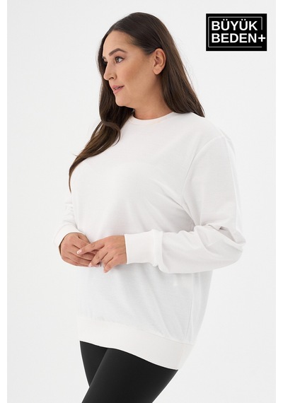 Süperlife Kadın Büyük Beden Bisiklet Yaka İnce Sweatshirt Spr24bswk56 Ekru