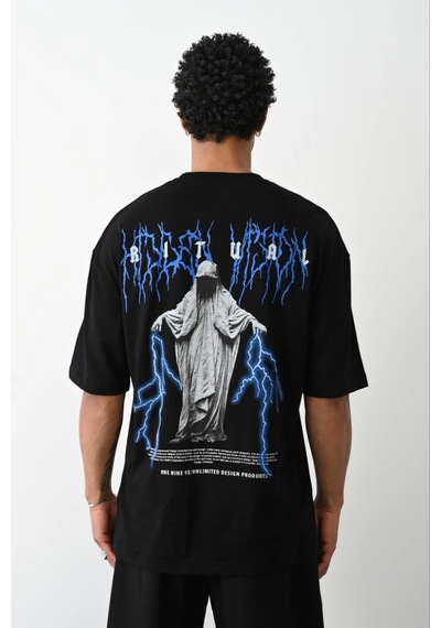 Genel Markalar Baskılı Oversize T-shirt - Siyah - Çok Renkli
