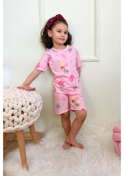 Kız Çocuk Pamuklu Penye Kumaş Şortlu Pijama Takımı Açık Pembe