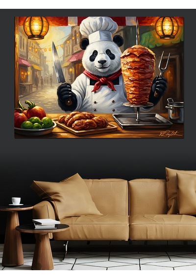 Döner Hazırlayan Aşçı Panda Tablosu Dekoratif Kanvas - Mdf Ahşap Tablo