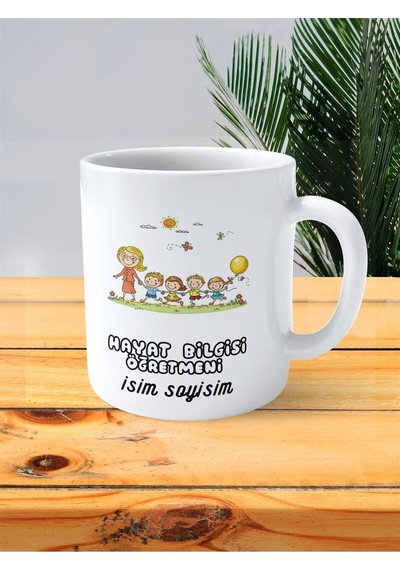 Hayat Bilgisi Öğretmeni Baskılı Kupa Bardak İsimli Kişiye Özel Sarı Balon Hava Doğa Çok Renkli