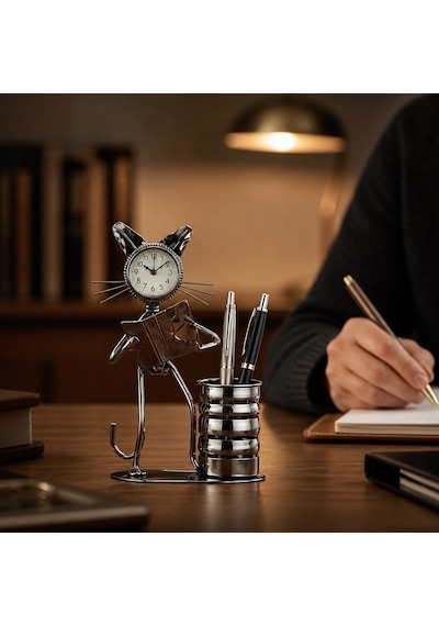 Metal Kedi Tasarımlı Masa Saati Kalemlik Dekoratif Ofis Masaüstü Organizer