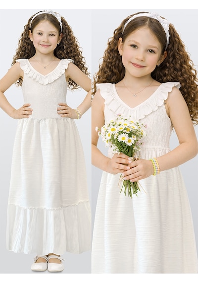 Denokids Beyaz Dokulu Kız Çocuk Elbise Çok Renkli