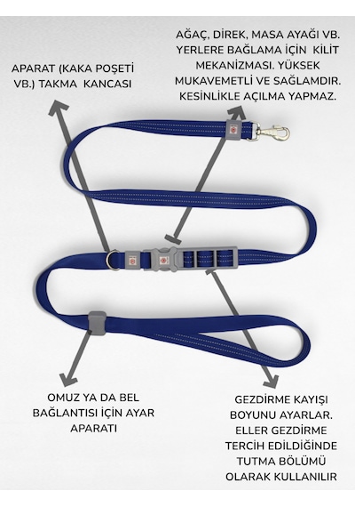 Caramelos Hands-free Eller Serbest Gezdirme Kayışı- Köpek Gezdirme Kayışı - Eller Serbest- Köpek Gezdirme İpi Lacivert