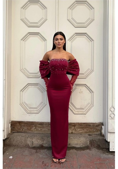 Lior Design Kadın İnce İşçilik Esnek Tül Kumaş Straplez Abiye Elbise Bordo