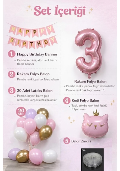 3 Yaş Kedi Temalı Doğum Günü Balon Seti Pembe Gold Konsept Pembe - Altın