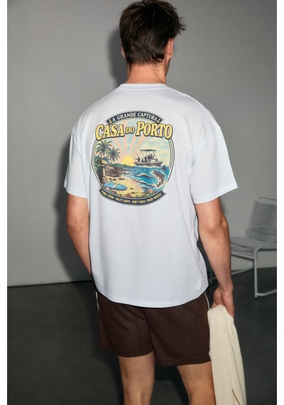 Grımelange Amıdıo Erkek %100 Organik Pamuklu Baskı Detaylı Regular Fit Yuvarlak Yaka Beyaz T-shirt