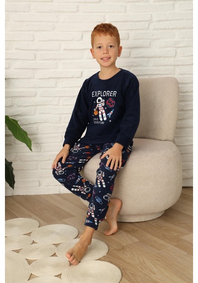 Yeni Stil Sonbahar/kış Erkek Çocuk Uzay Figür Astronot Desen Polar Pijama Takımı 4565 Lacivert