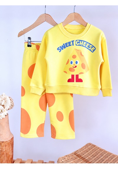 Elzo Collection Unisex Sweet Chesee Baskılı Sweatshirt Baskılı Eşofman Alt Üst Takım Sarı