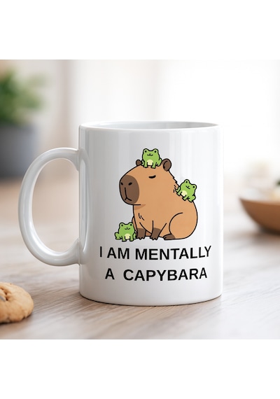I Am Mentally A Capybara Yazılı Kapibara Tasarımlı Kupa Model 214 Baskılı Seramik Kahve Kupası Çok Renkli