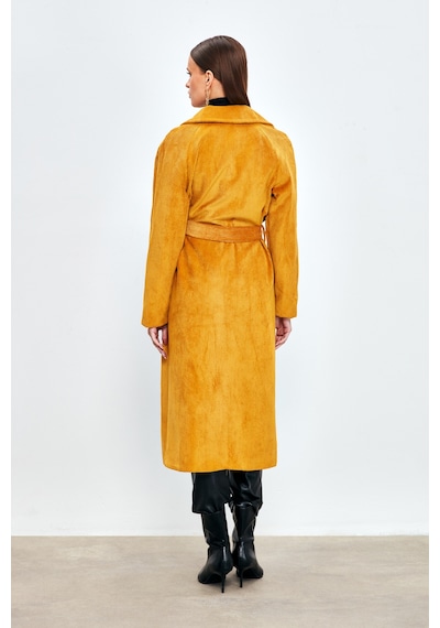 Sateen Uzun Kadife Trençkot - Camel-134017 Camel