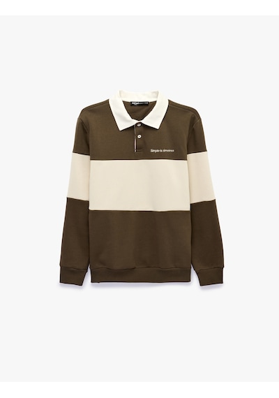 Koton Renk Bloklu Nakışlı Polo Yaka Uzun Kollu Sweatshirt Kahverengi 7wam70026mk Kahve
