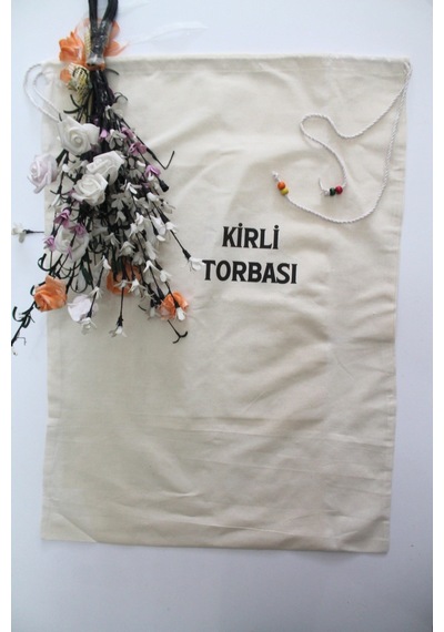 Keten Boncuk Detaylı Çok Amaçlı Kirli Torbası 50x70cm Beyaz