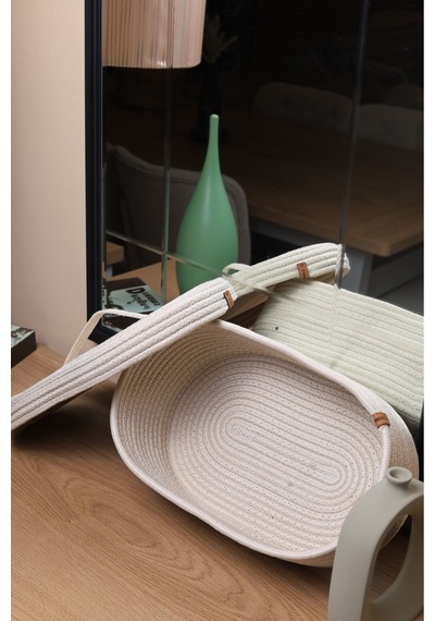 Hasır Jüt Sepet Oval Kapaklı Organizer Düzenleyici 30x20x10 Cm Ekru Ekru