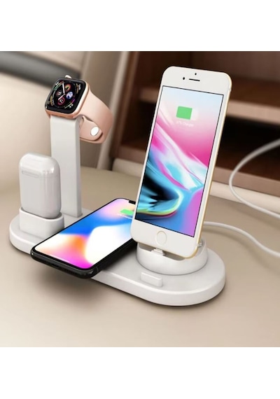 Çok Fonksiyonlu 6in1 Şarj Standı Akıllı Saat Telefon Bluetooth Kulaklık Şarj Beyaz