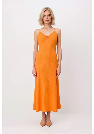 Benerly Kadın İnce Askılı V Yaka Dokulu Bodycon Maxi Elbise Astarsız Raha Turuncu