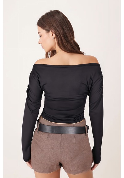 Armonika Kadın Siyah Kolları Büzgülü Crop Bluz Arm-26k042015
