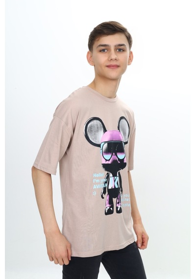 Toontoy Kids Toontoy Erkek Çocuk Robot Baskılı Tişört Bej