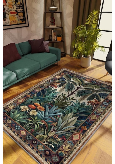 Homshtag Art Deco Tropikal Orman Vintage Halı Görünümlü Dijital Baskı Yeşil Renk Rustik Çiçekli Halı Çok Renkli
