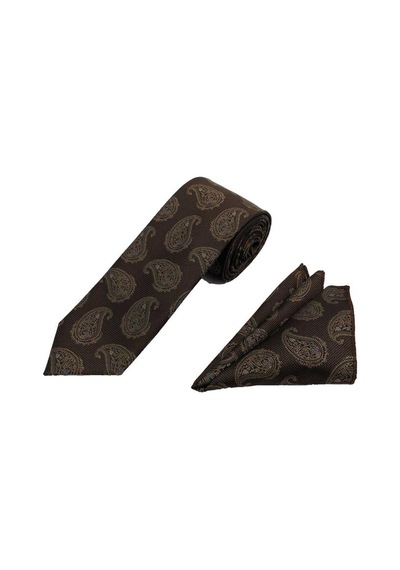 Brianze 7 Cm Kahverengi Şal Desen Kravat Mendil Set Kahverengi