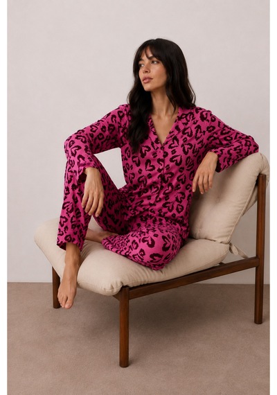 Kadın Düğmeli Kışlık Ev Lila Pijama Takımı