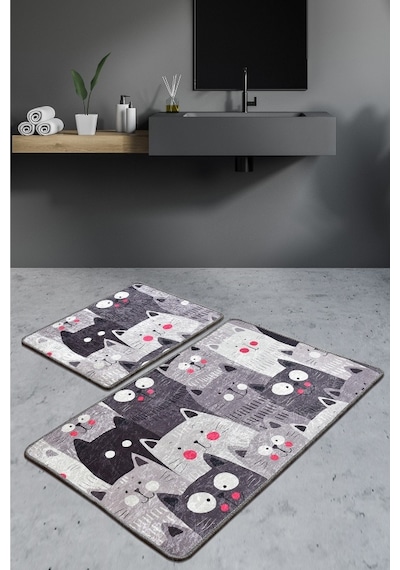 Meow Gri Djt 2 Lı Set Klozet Takımı, Banyo Paspas Seti Halısı Çok Renkli