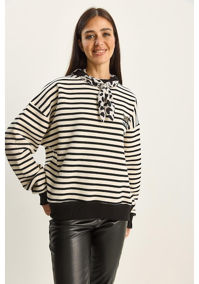 Shade Kadın Fular Detaylı Leopar Nakışlı Çizgili Üç İplik Şardonlu Oversize Sweatshirt 6973 60283818 - Ekru-siyah Çok Renkli Shade Kadın Fular Detaylı Leopar Nakışlı Çizgili Üç İplik Şardonlu Oversize Sweatshirt 6973 60283818 - Ekru-siyah Çok Renkli