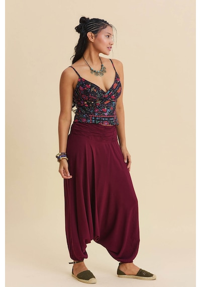 Drape Detay Beli Lastikli Şalvar Pantolon Bordo
