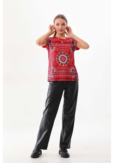 Sistas Kadın Desenli Pencere Detaylı Kısa Kol Bluz 23145 Kırmızı