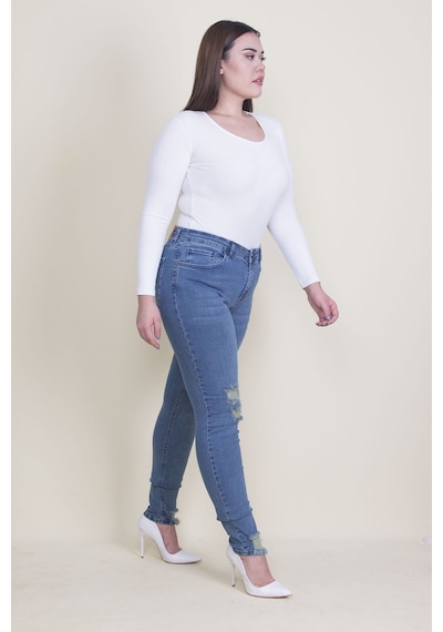Şans Kadın Mavi Yırtık Detaylı Likralı Kot Skinny Pantolon 65n35338-mavi Mavi