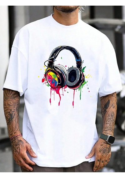 Kulaklık T-shirt - Beyaz Baskılı Oversize Bisiklet Yaka Kısa Kol Tişört Beyaz
