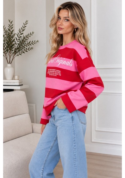 Lima Fuşya Kadın Çizgili Oversize Sweatshirt Bisiklet Yaka Baskılı Uzun Kollu Sweat