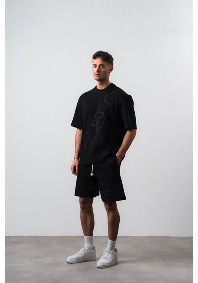 Erkek Nakış Detaylı Regular Fit T-shirt Şort Takım Siyah