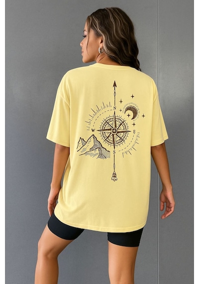 Pusula Baskılı Oversize Unisex Tişört Sari