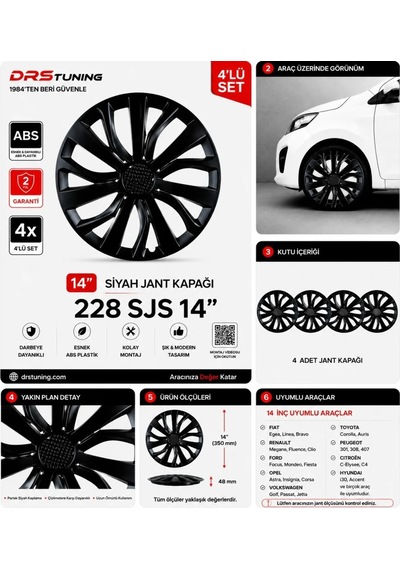 14 Inc Kırılmaz Sks Parlak Siyah Jant Kapağı 1 Takım 4 Adet No:228