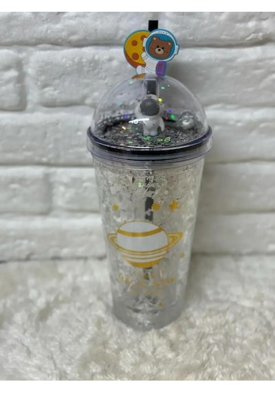 Pipetli Bardak Matara Sevimli Suluk 450 Ml Çift Astronot Figürlü Beyaz