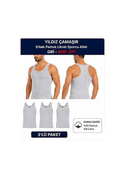 Yıldız Çamaşır Erkek Pamuk Likralı Sporcu Atlet 375-376-377 - 3adet Gri