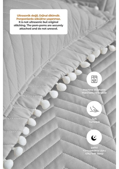 Evlen Home Ollie %100 Pamuk Yatak Örtüsü Pike Takımı Çift Kişilik Ponponlu Kapitone Günlük Gri
