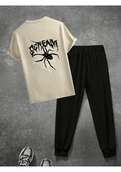 Uyguntarz Unisex Scream Siyah Tasarım Basklı Tshirt Eşofman Takımı Bej