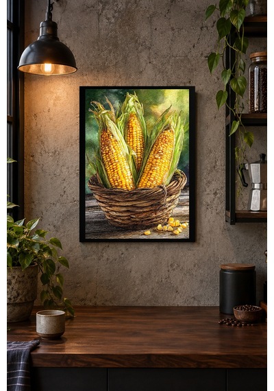 Sarı Koçanlar Ve Sepet Desenli Dekoratif Mdf Tablo, Çerçeve Görünümlü Ahşap Poster