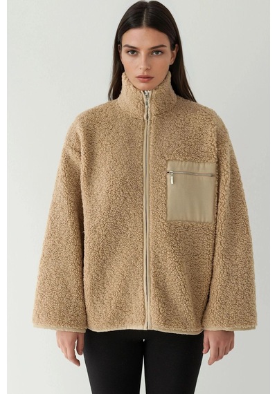 Hiccup Fermuarlı Yakalı Oversize Peluş Kaban Açık Gri