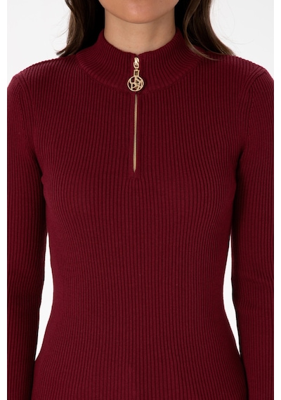 U.S. Polo Assn. Kadın Bordo V Yaka Fermuarlı Kazak 50316869-VR014