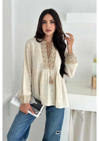 Asprin Fashion Etnik Desenli Bağlamalı Bluz Krem Asprin Fashion Etnik Desenli Bağlamalı Bluz Krem