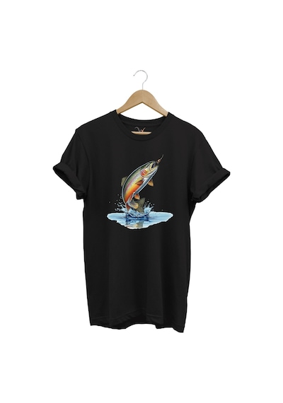 Zıpkınlanan Alabalık Tasarımlı Balıkçılık Temalı %100 Pamuk Unisex Regular Fit T-shirt Siyah
