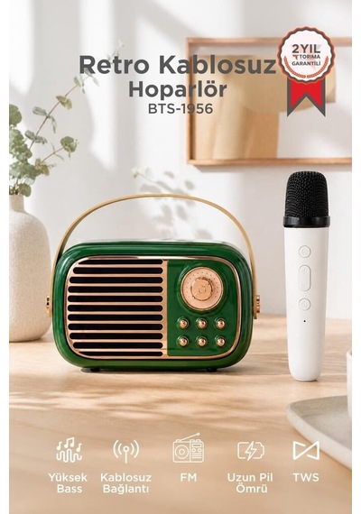 Premium Bluetooth Hoparlör Bts-1956 Yeşil Nostaljik Müzik