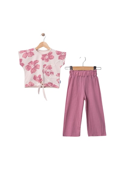 Bellamio Kids Önden Bağcıklı Tshirt Ve Pantolon Kız Çocuk Takımı Koyu Pembe